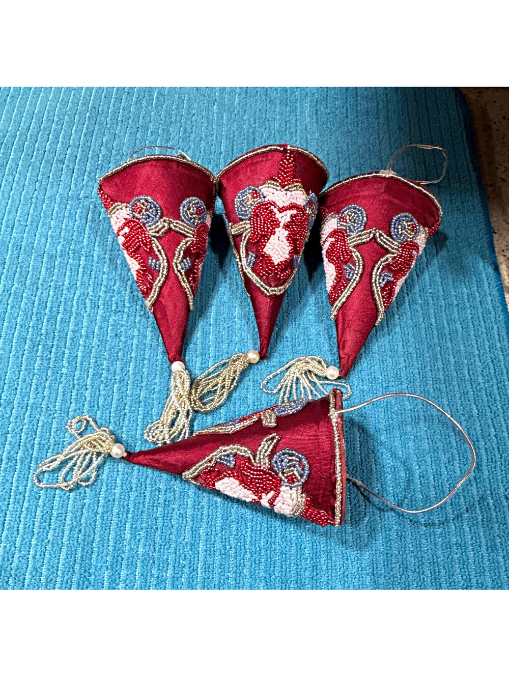 Vintage Set of 4 Burgundy Beaded Cone Tassel Hanging Ornaments Christmas Holiday